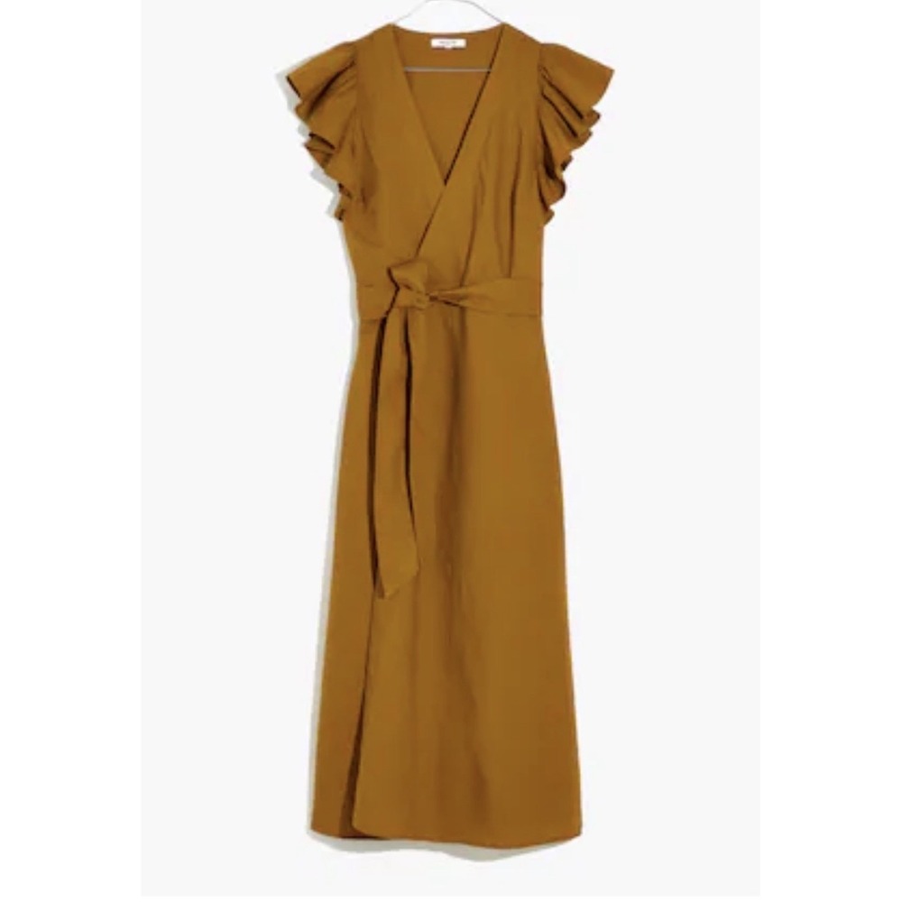 Madewell Linen-Blend Antique Gold Ruffle-Sleeve True Wrap Midi Dress Size M NWOT